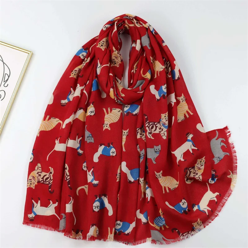 Cute Cartoon Running Cat Pattern Scarf Soft Warm Fringe Neck Scarves Autumn Winter Casual Versatile Coldproof Shawls And Wraps