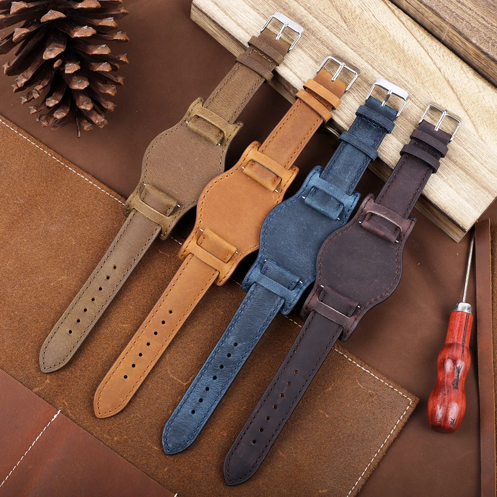 Genuine Leather Watchband 18mm 19mm 20mm 21mm 22mm Watch Strap Men Wristband with Mat Handmade Crazy Horse Leather Bracelet