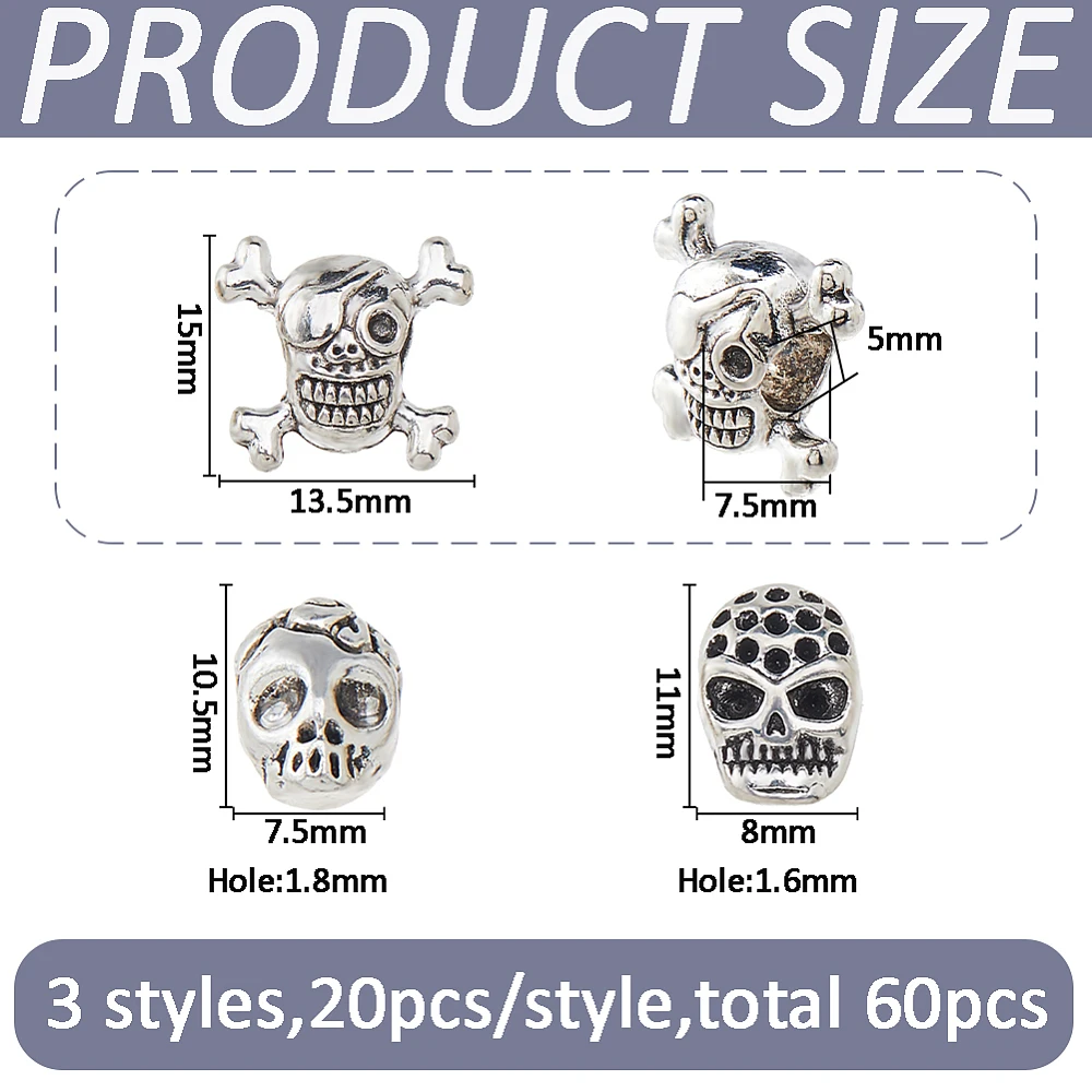 60Pcs Silver Spacer Bead Alloy Beads European Big Hole Beads for Necklace Earrings Paracord Jewelry Making Hole:1.6~5mm