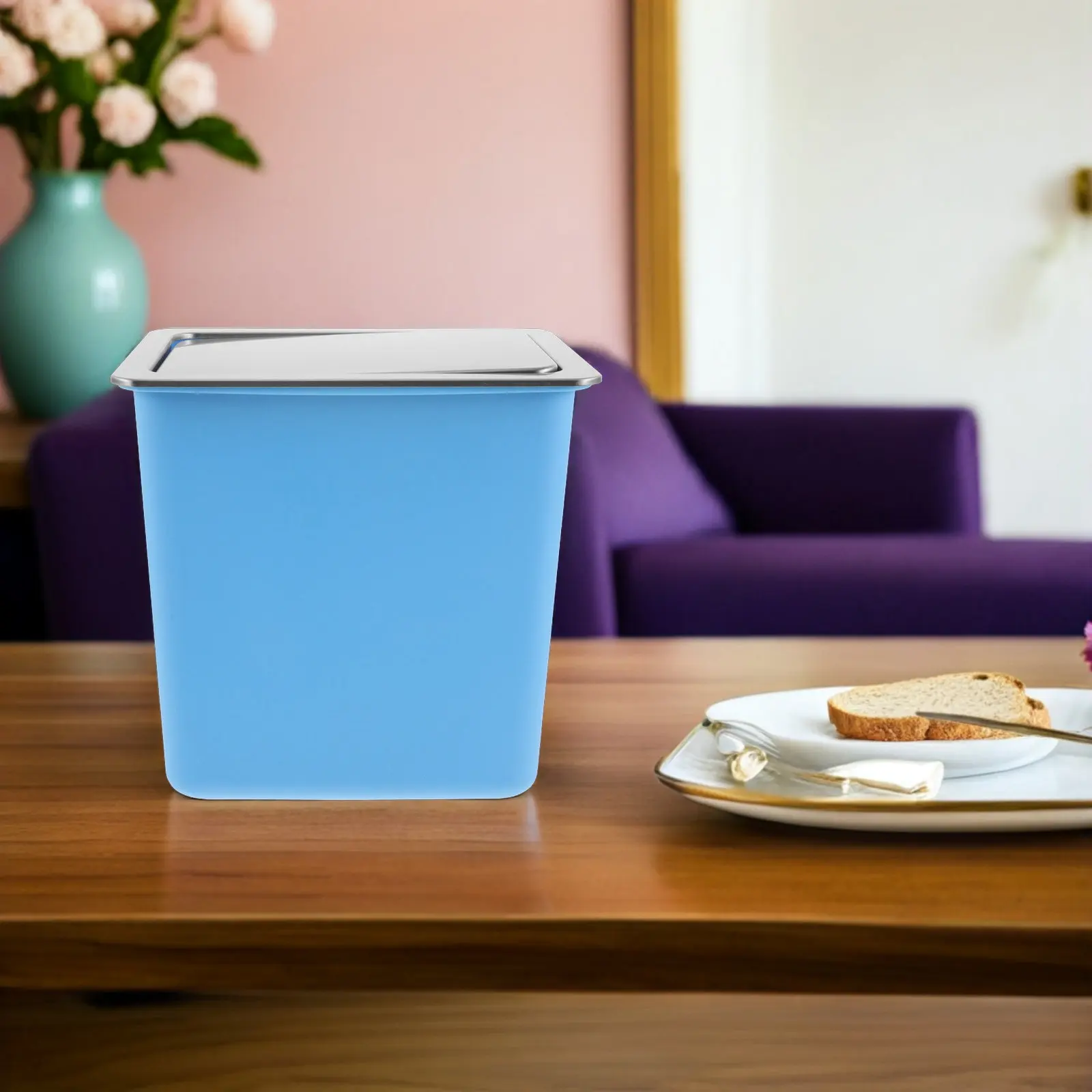 

Counter Recessed Trash Bin Stainless Steel Lid Flip Swing Cover Kitchen Built-in Waste Chute Embedded Trash Can Flush Dustbin