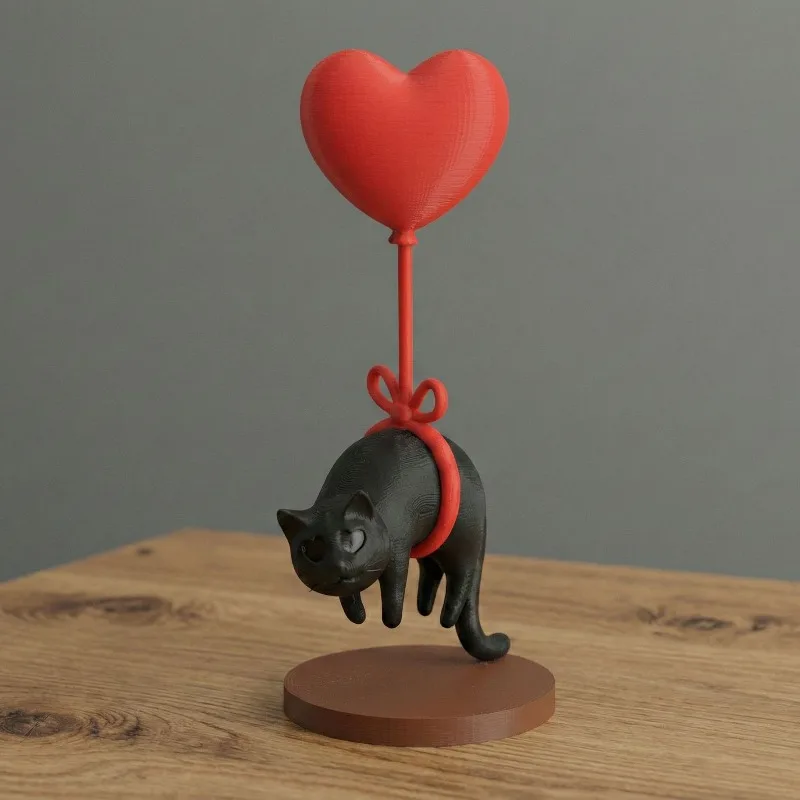 SFloating Cat w/ Heart Balloon - Romantic Desk Decor for Couples, Home, Bookshelf, Bedside. Cute & Cozy!