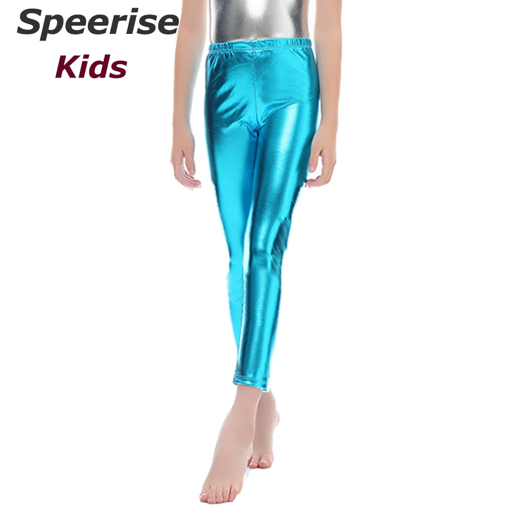 Child Ankle Length Metallic Spandex Shiny Leggings Gymnastics Ballet Dance Pants Girls Stage Performance Holographic Trousers