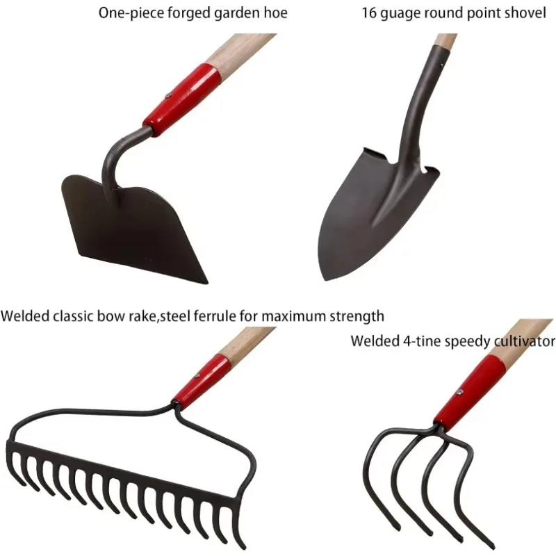 GardenAll 7-Piece Shovels Rakes Hoe Set Garden Tools Long Wood Handle Pointy Shovels for Digging Short Handle Shovel Rakes Set