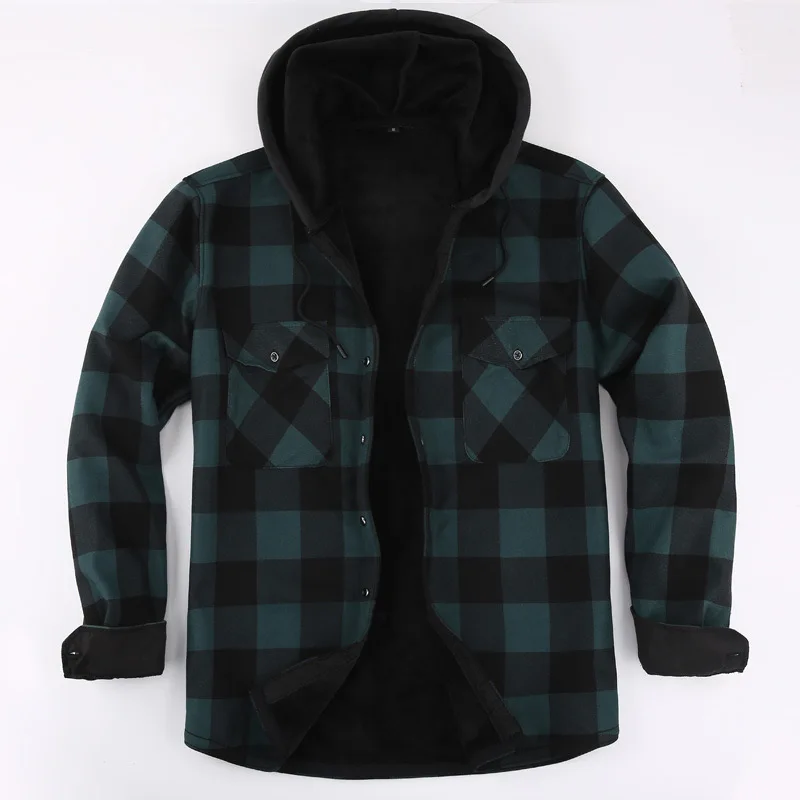 Hot new men\'s large size plus fleece warm plaid long-sleeved shirt autumn and winter hooded thick cold ground wool US code