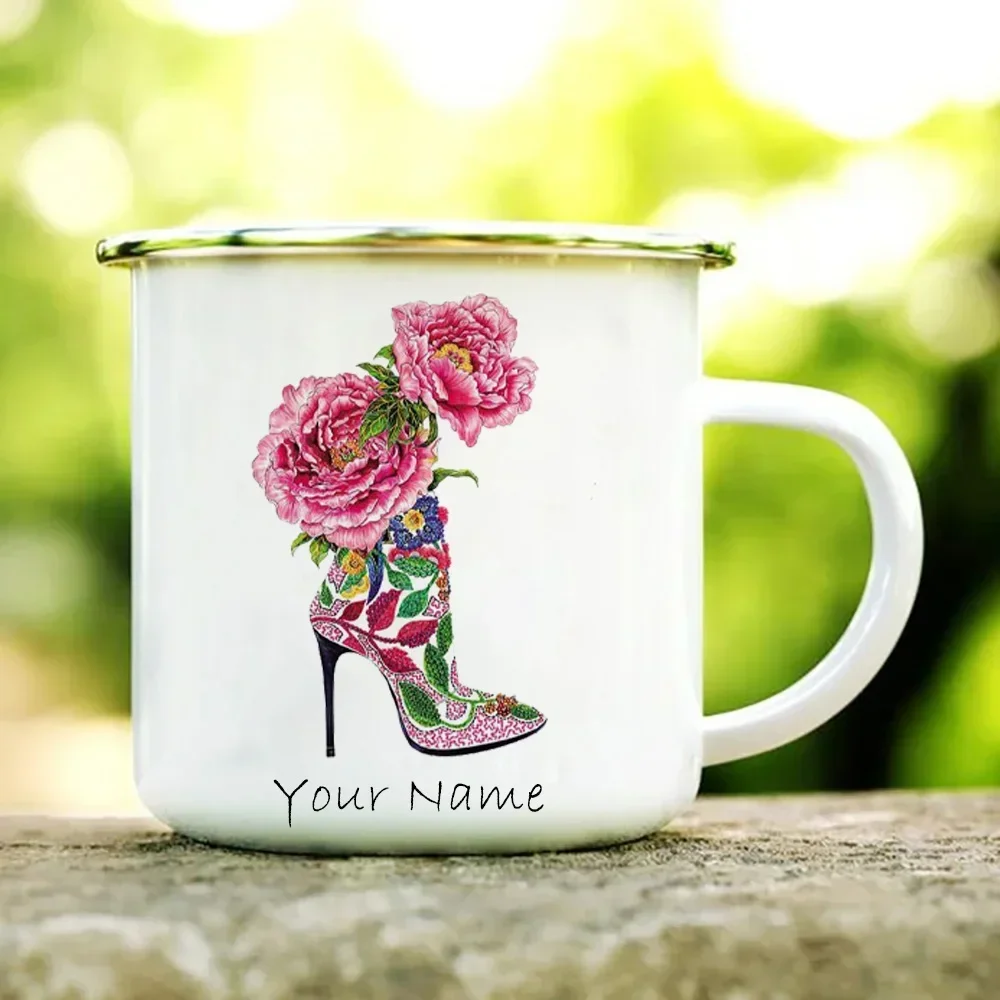 Original Breakfast Cups and Mugs Customized Rose Heels Enamel Mug Unique Gift Printing Your Name Mug Travel Cup for Coffee Beer