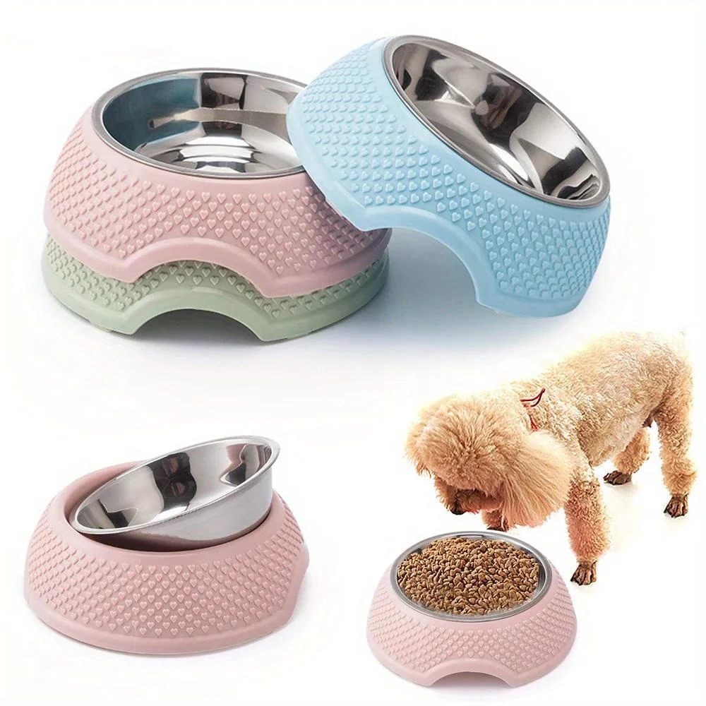 Stainless Steel Pet Feeding Bowl Non-slip Durable Pet Tableware Washable Dog Food Water Dish Cat Bowls With Heart-Shaped Pattern