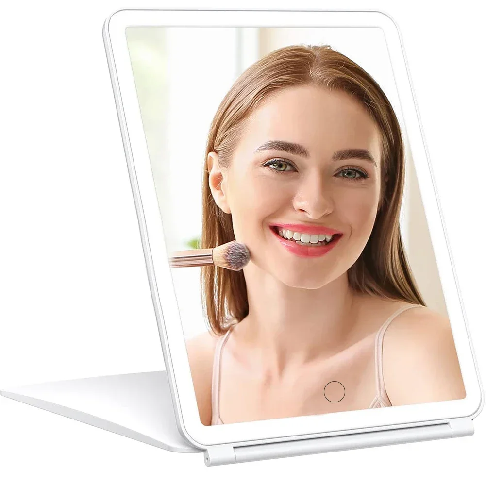 Specchio per il trucco specchio cosmetico pieghevole con Touch Screen USB ricaricabile pieghevole 3 colori modalità luce LED specchio da toeletta con luce da tavolo