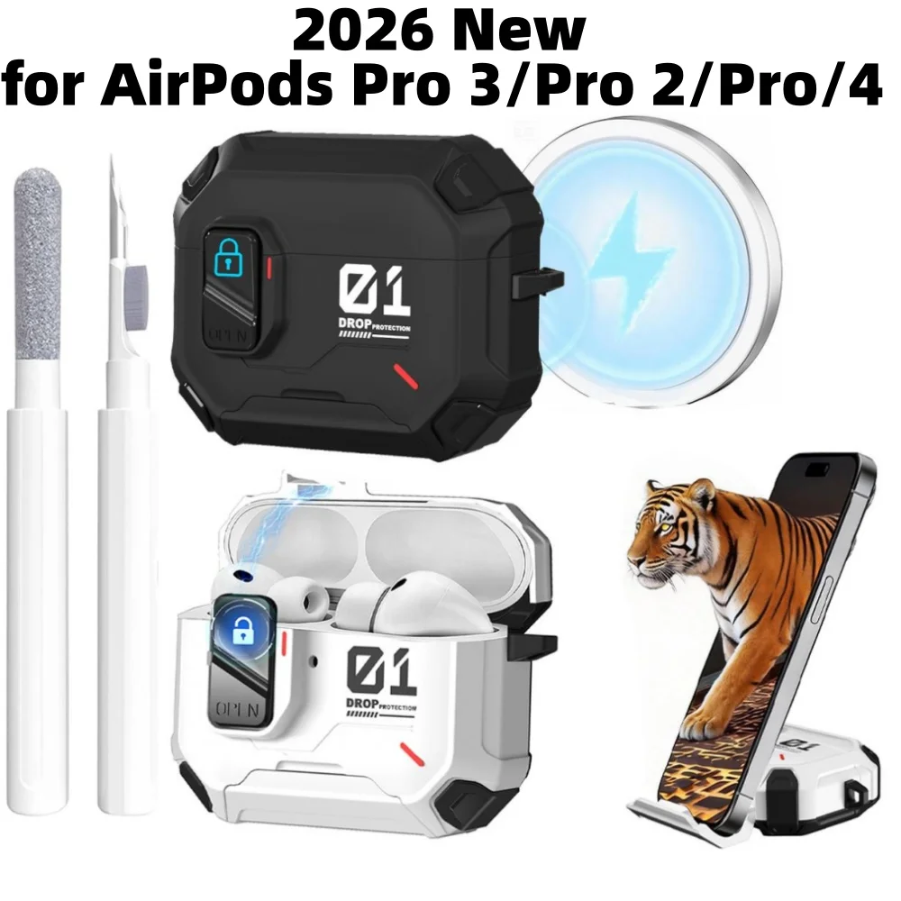 for AirPods Pro 3/AirPods 4 Case Hard PC Protective Cover with Phone Stand Earbuds Cases Safety Lock Cover for AirPods Pro 2/Pro