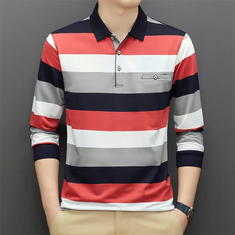 

95% Cotton Polo Shirt Men Long Sleeve Multi-color Striped Autumn and Winter Clothing Korean Style Male Polo Shirt Tops Tees