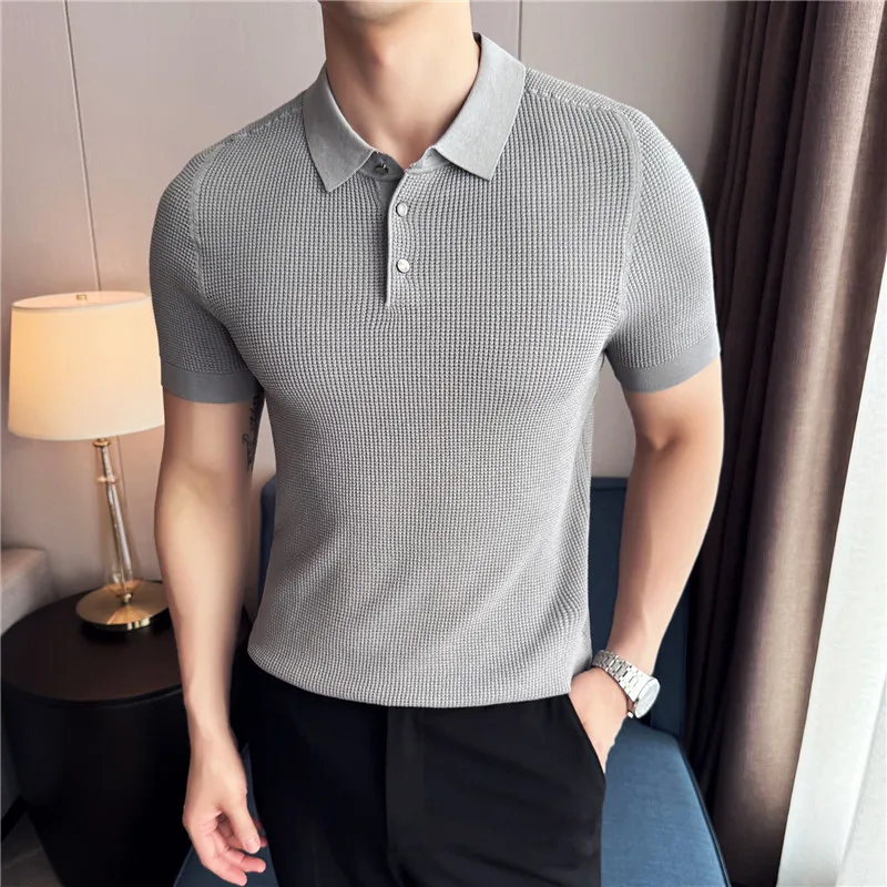 Men Knitted Polo Shirt Summer Light Thin Breathable Solid Casual Elastic Slim Fit Short Sleeved T-shirt Fashion Men Clothing