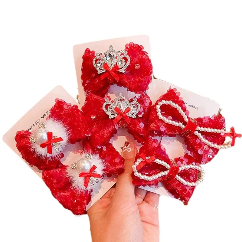 Neue rote Pailletten-Haarspangen mit Schleife für Mädchen, Frauen, Kinder, Kunstfell, Perlen, Strass-Kronen-Dekor, Haarspangen, Geschenk zum chinesischen Neujahr 2026 – Detail 4