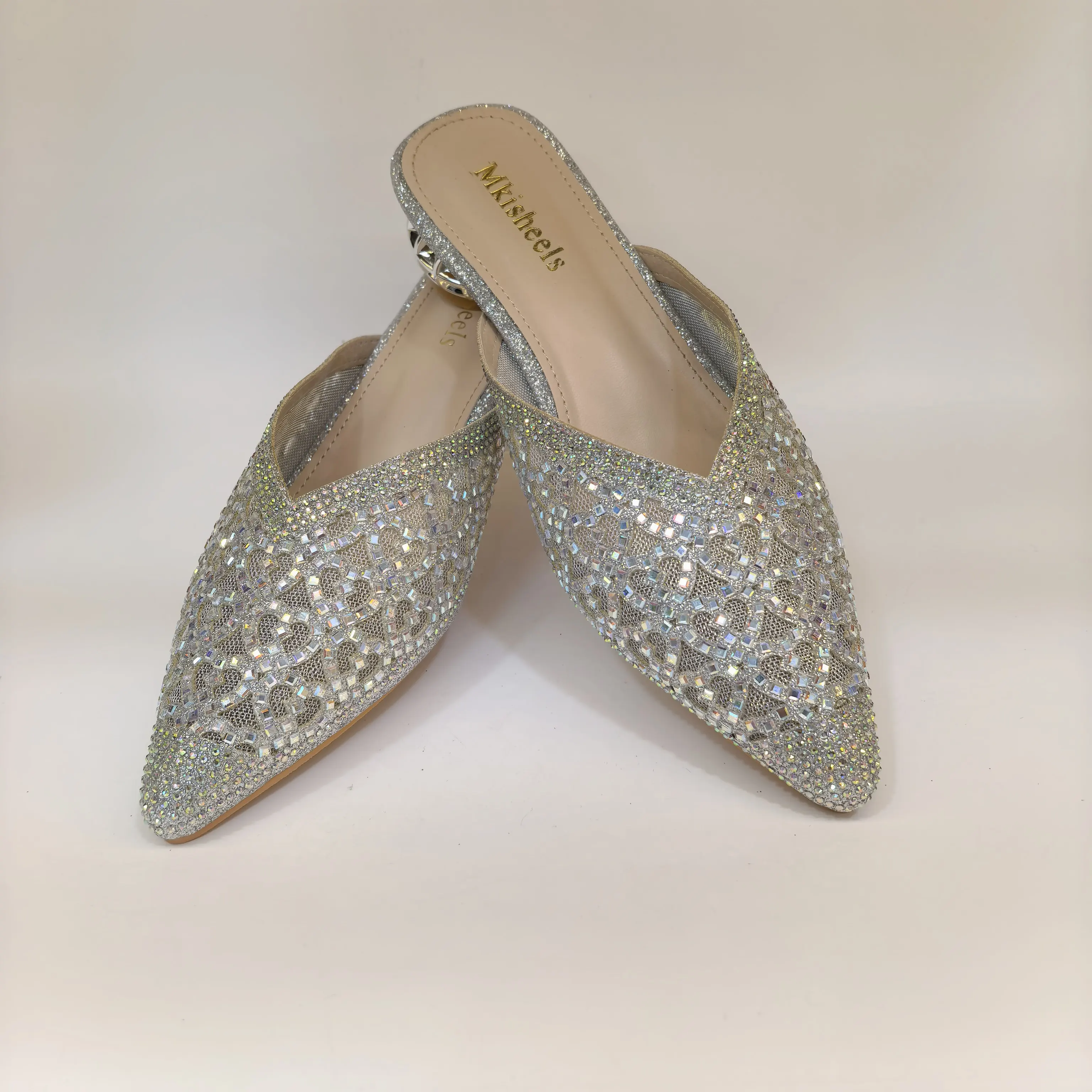 High Quality Fashion Women's Crystal-Encrusted Slippers , Net-faced Pointed Lady Rhinestone Slippers Party Shoes F6-925-2
