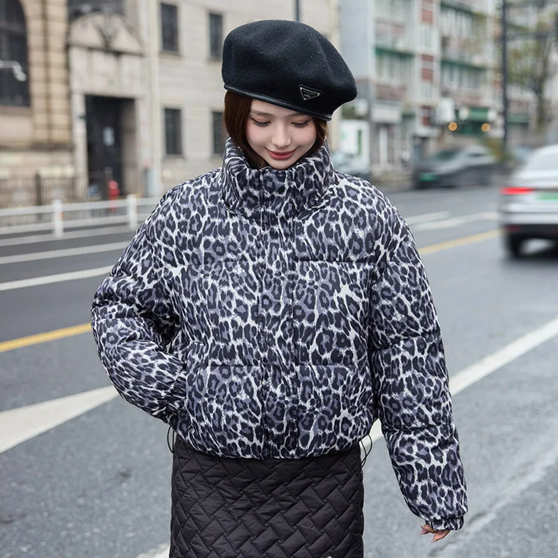 

Winter Women's Leopard Print Cotton Padded Parka Zip-Up Hooded Jacket Casual Vintage Women Leopard Coat O-Neck Pocket Outerwear