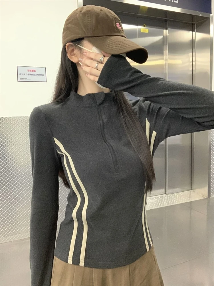 

Американский ретро цветной блокрующий пуловер с воротником-стойкой на молнии, женский топ Y2k с длинным рукавом, корейская мода, повседневная тонкая уличная одежда