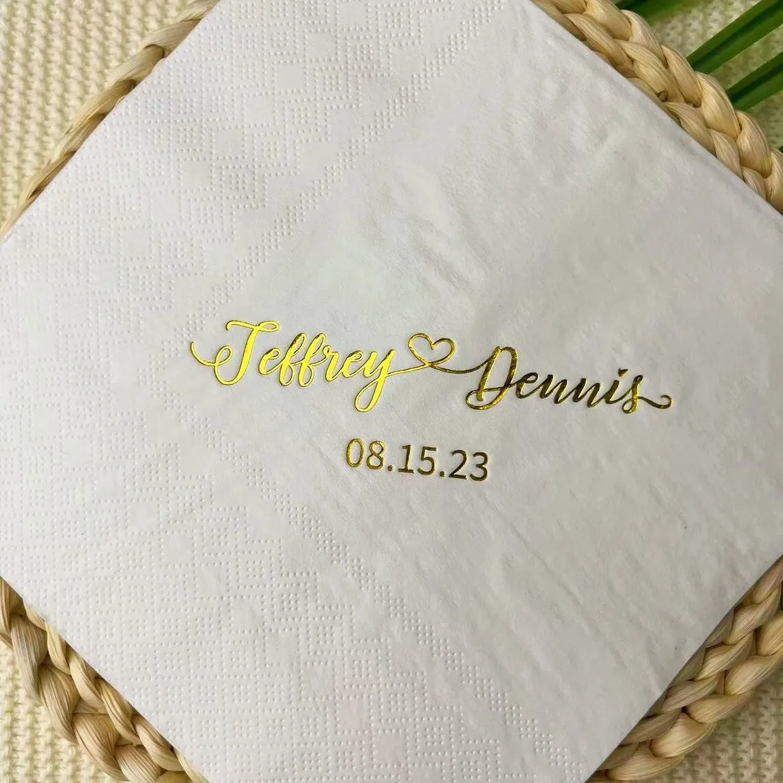 Personalized Heart Connected Monogram Wedding Napkins, Custom Napkins Printed Paper, Gold Foil Print Cocktail Napkins Party Nap