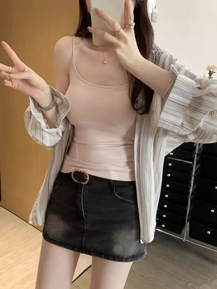 Chique feminino branco com nervuras sling tank top simples elegante casual tecido macio almofadas de peito querida pulôver fino ajuste feminino