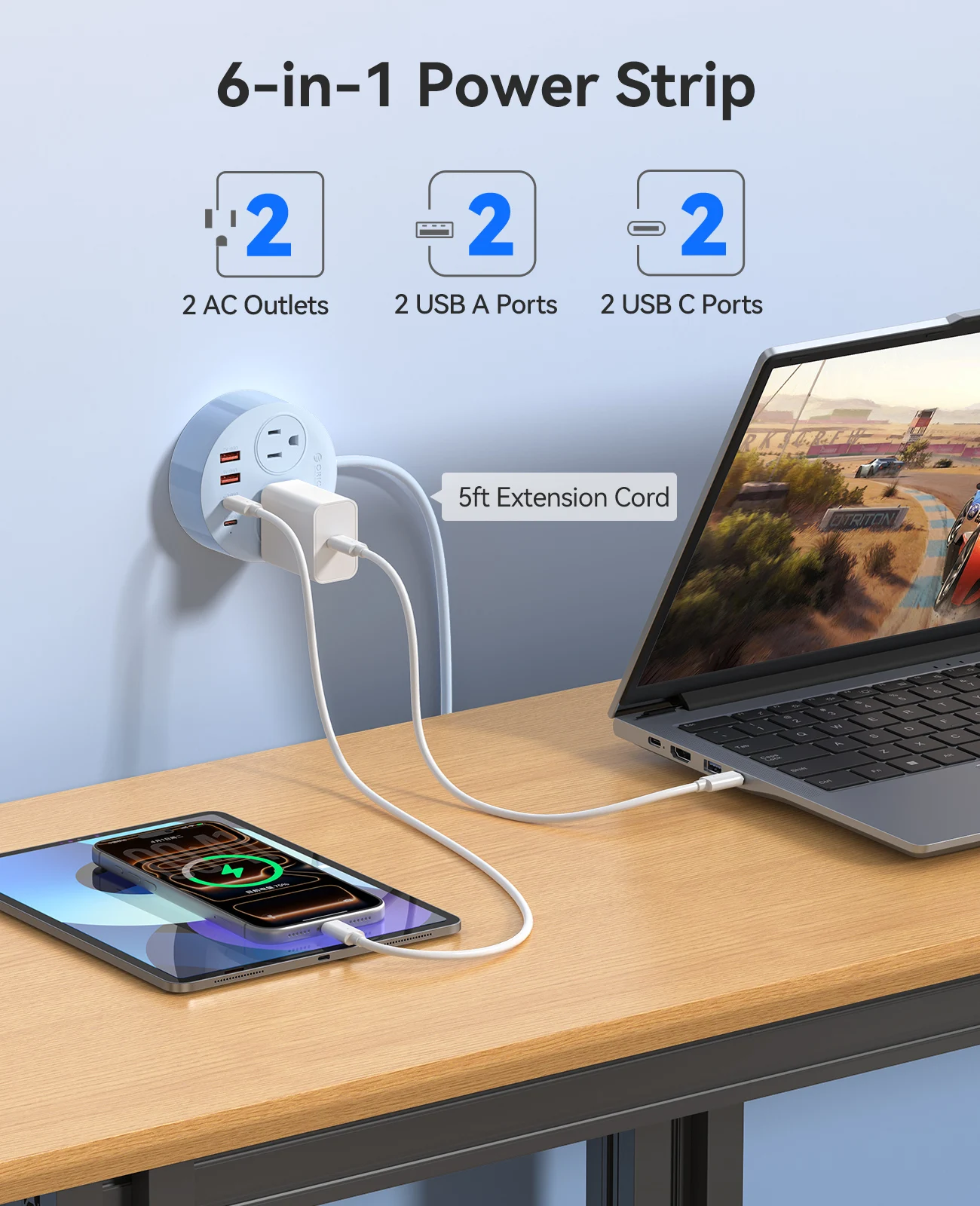 ORICO Magnetic Mountable 6‑in‑1 US Power Strip 2 AC Outlets 2 USB‑A 2 USB‑C PD 20W Fast Charging 5ft Extension Cord 45° Flat Plu