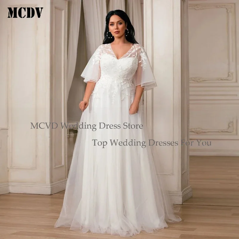 

Romantic Princess Wedding Dresses Plus Size Customized Batwing Sleeves V Neck Tulle A Line Sweep Train Bridal Gown MCDV