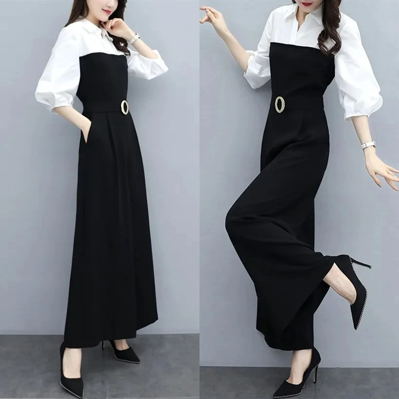 Black Jumpsuits 2024 NEW Spring Autumn Korean Temperament Overalls Women Elegant Wide Leg Romper Trousers Female Playsuit