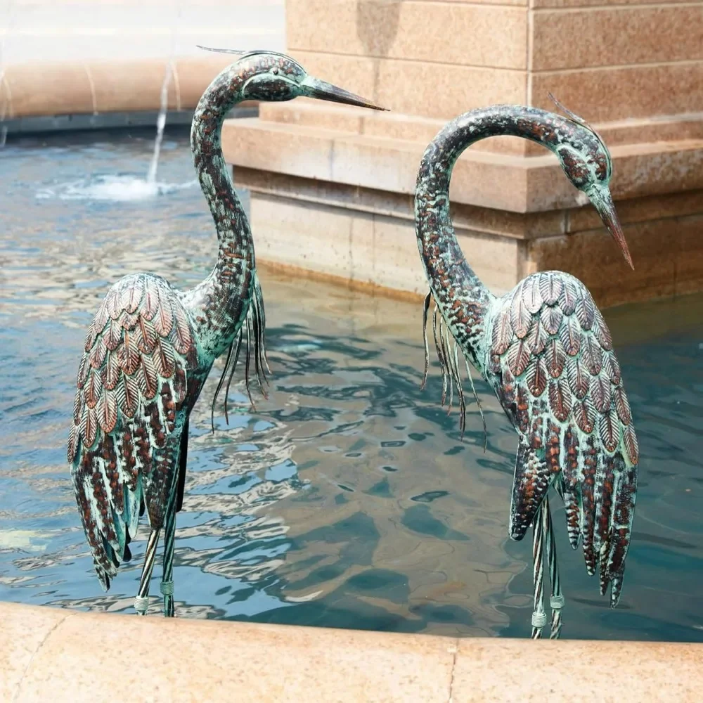 Garden Crane Statues, Standing Metal Patina Heron Decoy Outdoor Statue, 42-46 Inch Bird Yard Art,Sculptures