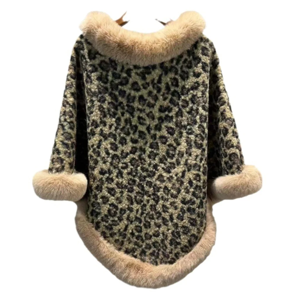 2024 leopardo o-collo velluto granulare sciolto donna inverno pelliccia sintetica mantello manica a pipistrello moda lavorato a maglia mantello