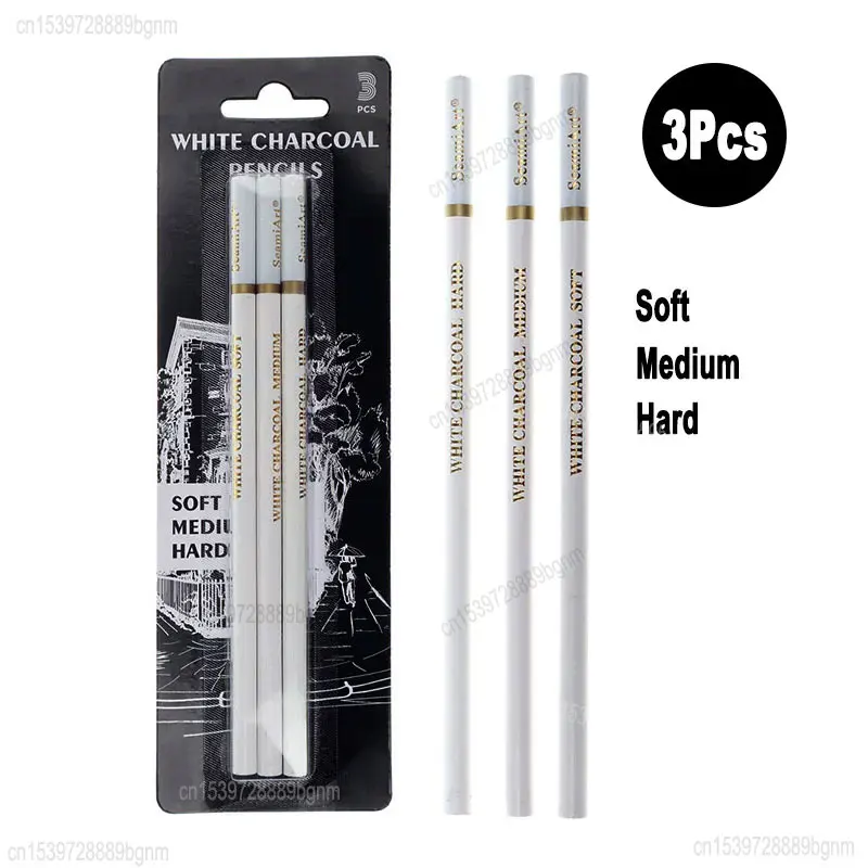 3Pcs Set Art Sketch White Charcoal Pencil Soft Medium Hard 4mm Lead Core Round Handle For Drawing Highlight Details Processing