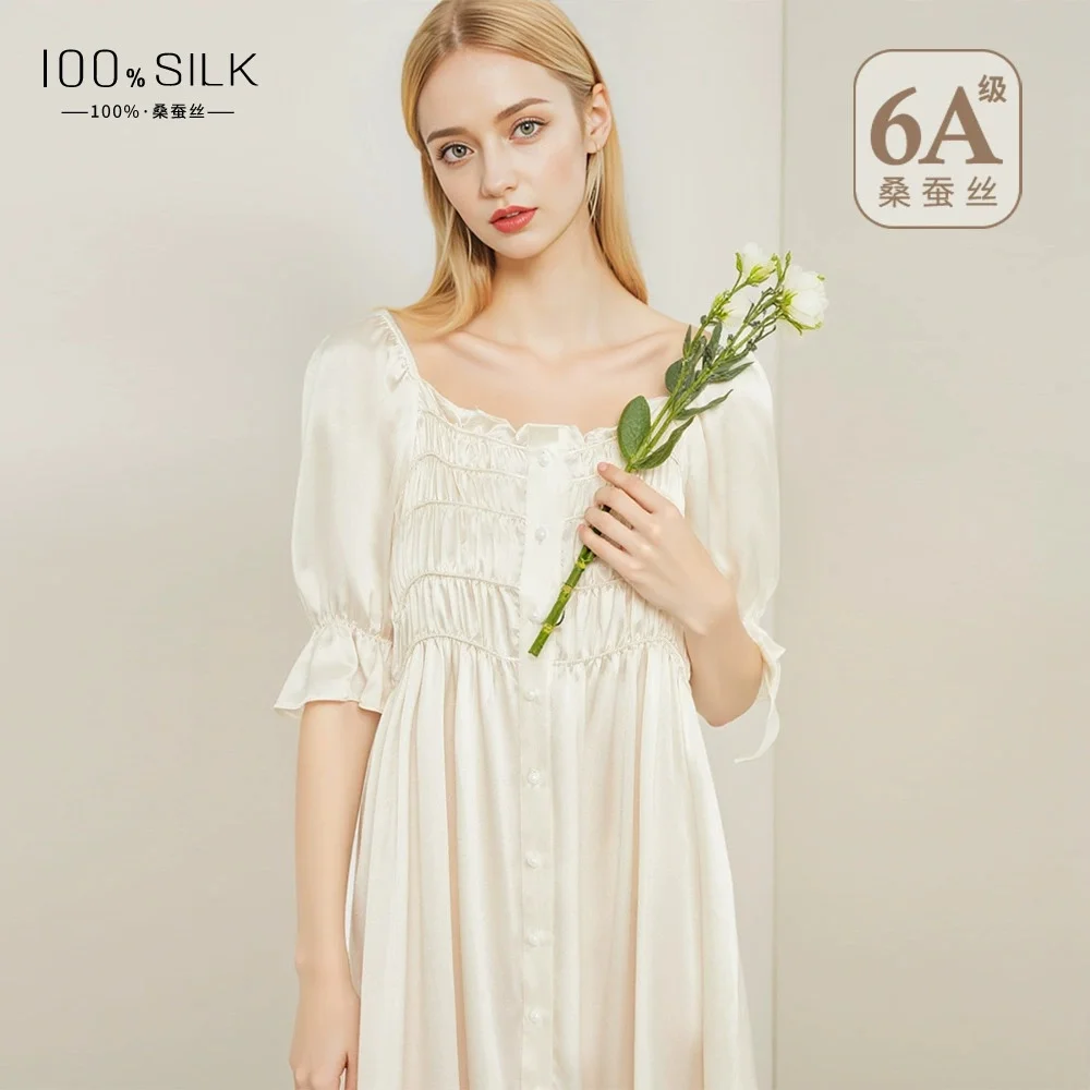 2025 New Summer Style Women's French-Style Silk Nightdress - 100% Mulberry Silk Baby-Sleeve High-End Loungewear Short Dress