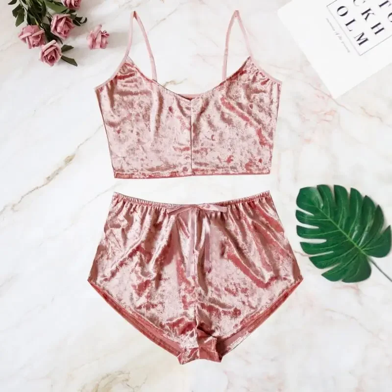 2023 Sexy Woman Two-Piece Pajamas Suit Sets Golden Velvet Sexy V-neck Ladies Lingerie Sets Women Sleepwear Underwear Set Gifts