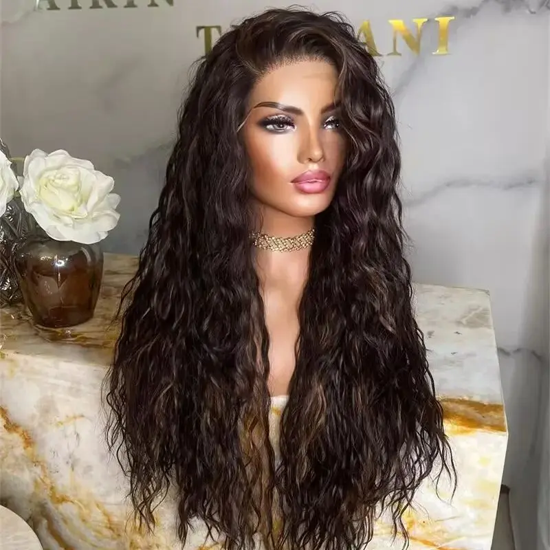 بني داكن مع خطوط العسل يسلط الضوء على الاصطناعية HD الدانتيل شعر مستعار أمامي 28 ''طويل شعر مستعار مجعد عميق للنساء Daiky حفلة تأثيري استخدام