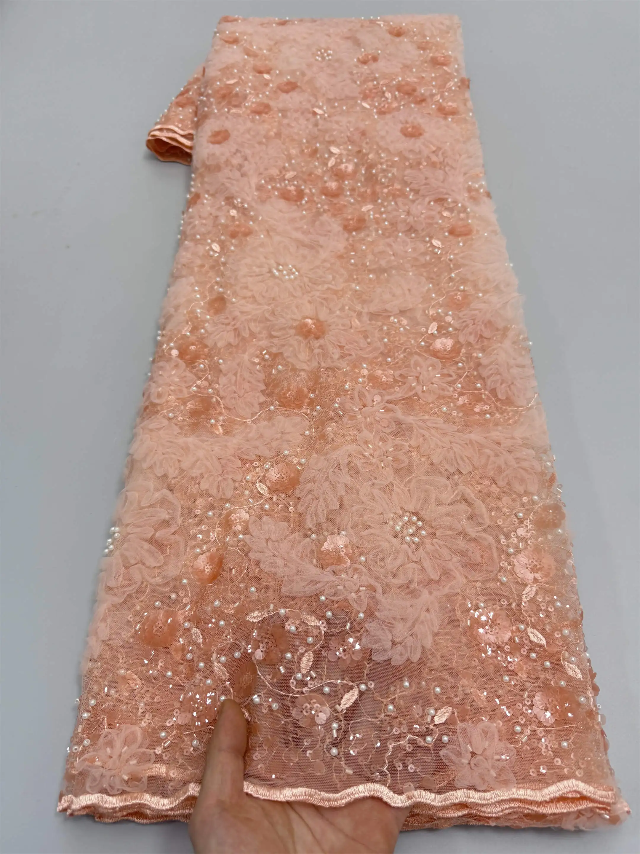 

Элегантная кружевная ткань 2026: высококачественное французское кружево с цветочным узором, пайетками и вышивкой бисером, тюлевая ткань для вечерних и свадебных платьев, 5 ярдов