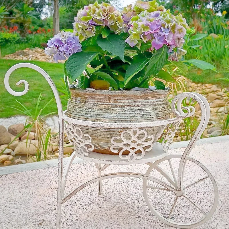 Iron Flower Planter Cart Garden Ornament Stand White and Green Flower Pot Holder Patio Decor