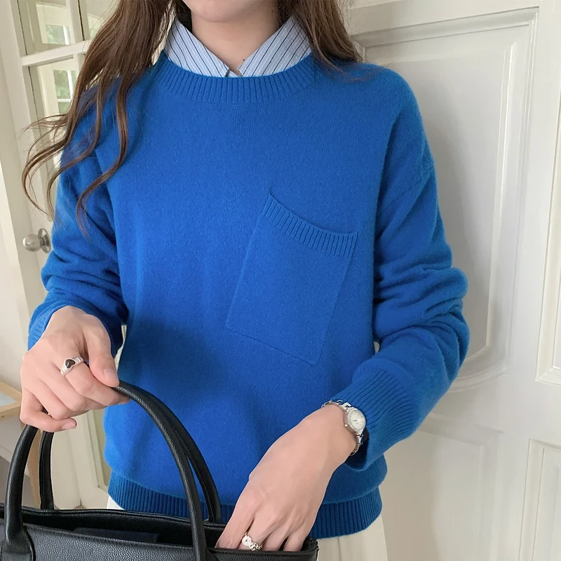 Autumn Winter New Arrival Women's Merino Wool Pullover Sweater O-Neck Patch Pocket Effortless Understated Long Sleeve Knit Top