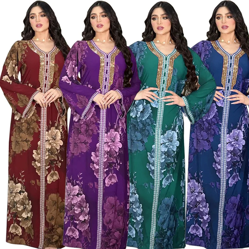 

Floral Printed Abaya Long Dress Women Diamonds Arabic Party Muslim Loose Robe Saudi Gulf Jalabiya Moroccan Kaftan Maroon