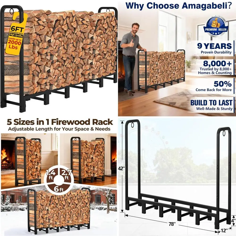 

Heavy-Duty Outdoor Log Rack, Adjustable Metal Wood Storage Organizer for Fireplace or Patio, Black