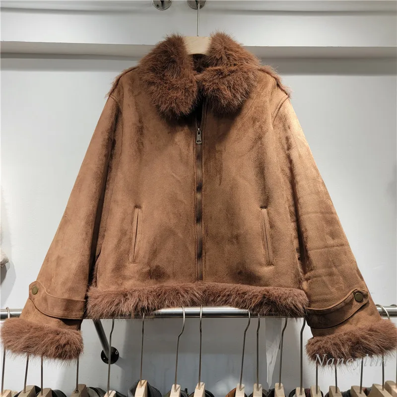 Retro Fur Integrated Jacket Suede Short Locomotive Coat Women's Winter Street Cool Fashion Jackets 2024