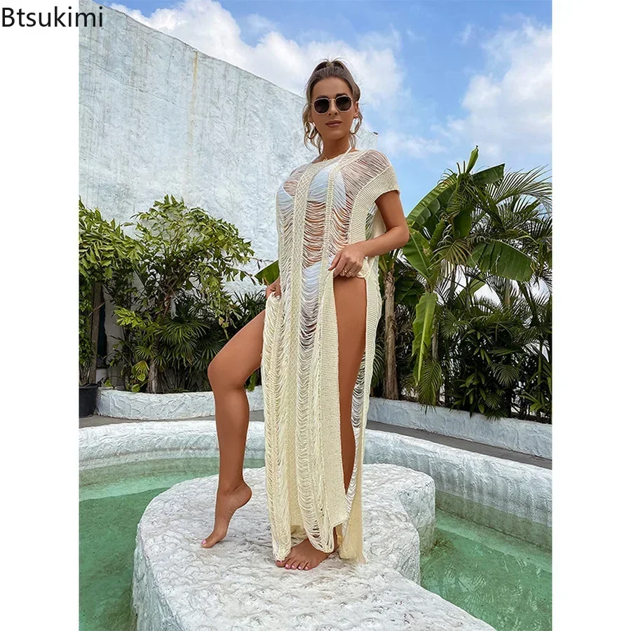 2024 ผู้หญิงฤดูร้อนบิกินี่สีขาวเซ็กซี่ลูกไม้Kimono Boho Beach Long MaxiชุดSheerหลวมKaftan Tunicชุดว่ายน้ําหญิง