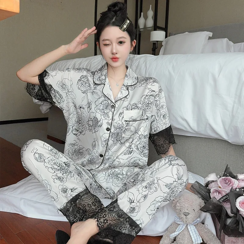 Ice Silk Pajamas for Women in Spring and Summer, New Lace Trim Sweet Flowers High-end Short Sleeved Home Clothes Fashion Pajamas