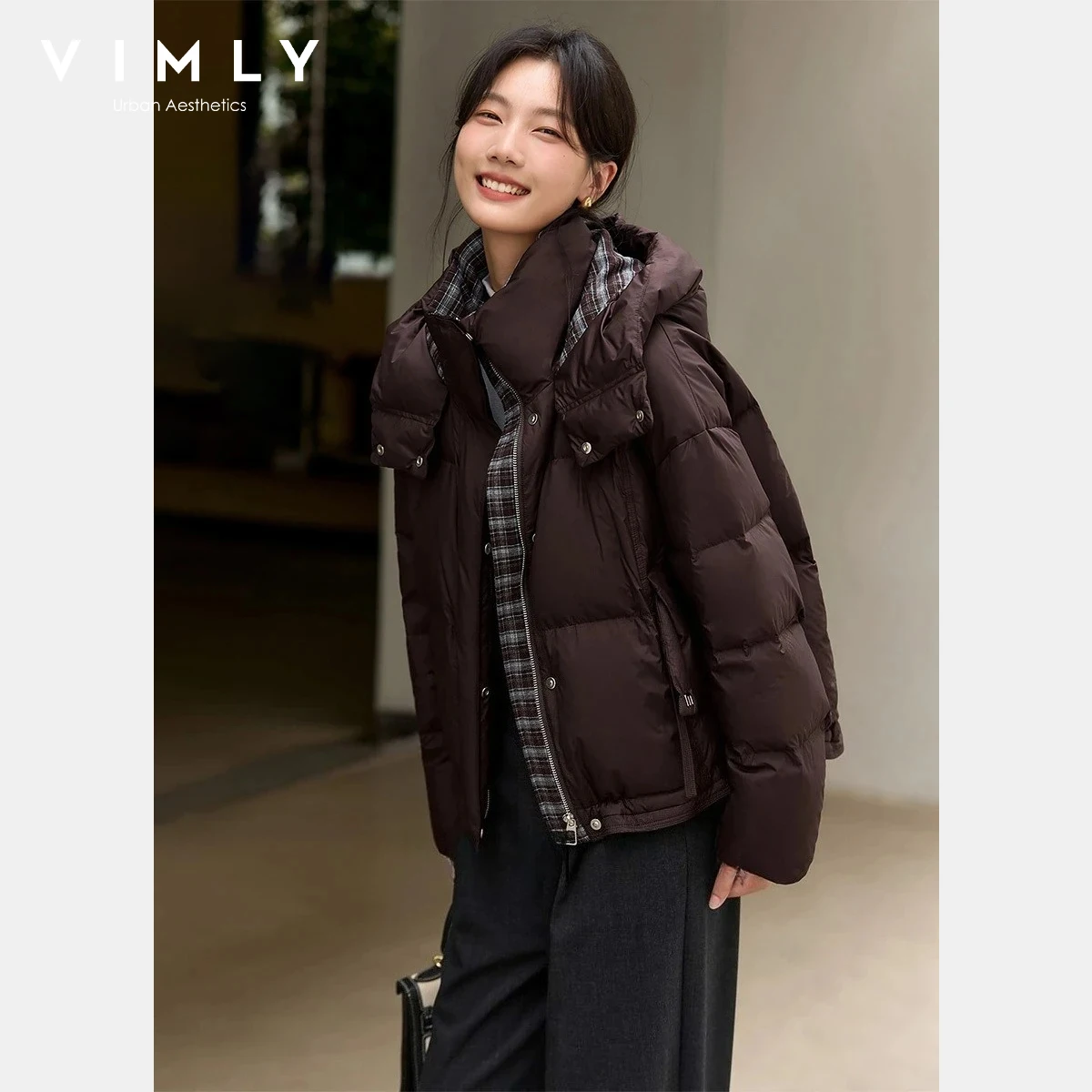 

Vimly Women's Down Jacket 2025 Winter Brown Patchwork Plaid Hooded Loose Fit Warmth Office Lady Commuter Puffer Coat 50860