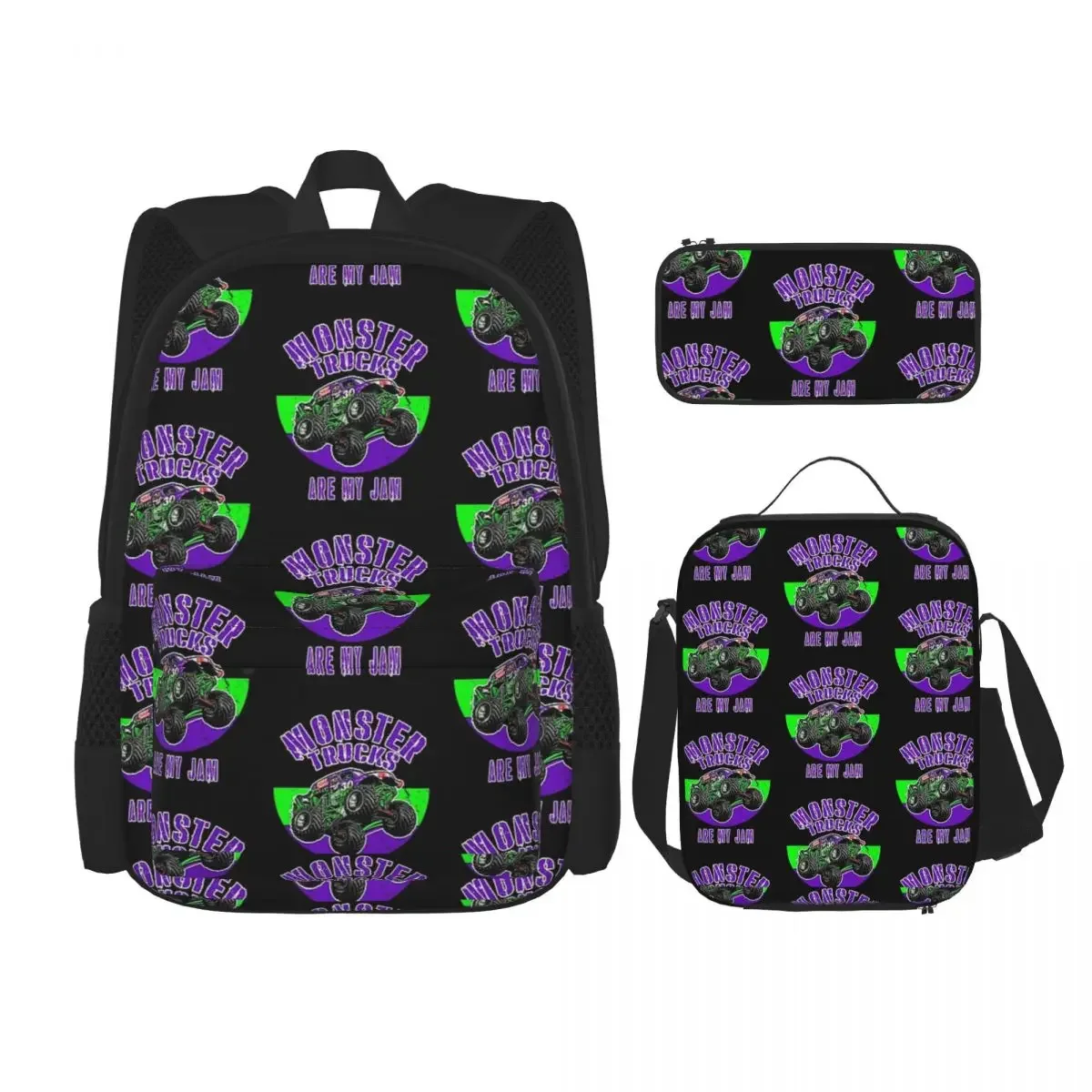 Monster Truck Are My Jam Grave Digger Vintage Art Backpacks Bookbag School Bags Rucksack Lunch Bag Pen Bag Three-Piece Set