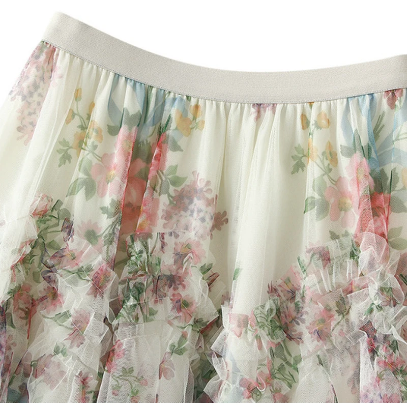 Fairy Wave Patchwork Fungas Floral Printed A-line Long Mesh TutuSkirts