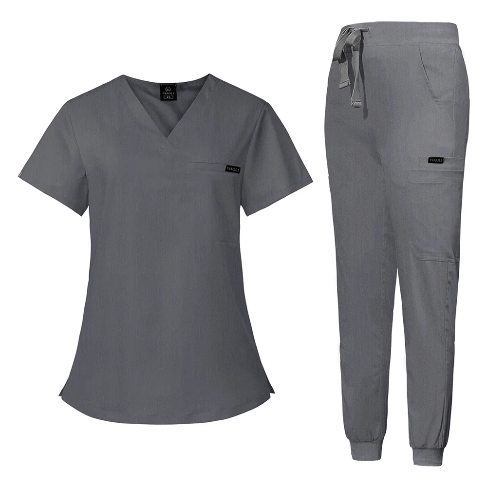 Unissex com decote em v scrubs conjunto de salão de beleza trabalho uniforme de enfermagem esfrega ternos de manga curta pet enfermeira trabalho topos calças odontologia uniforme