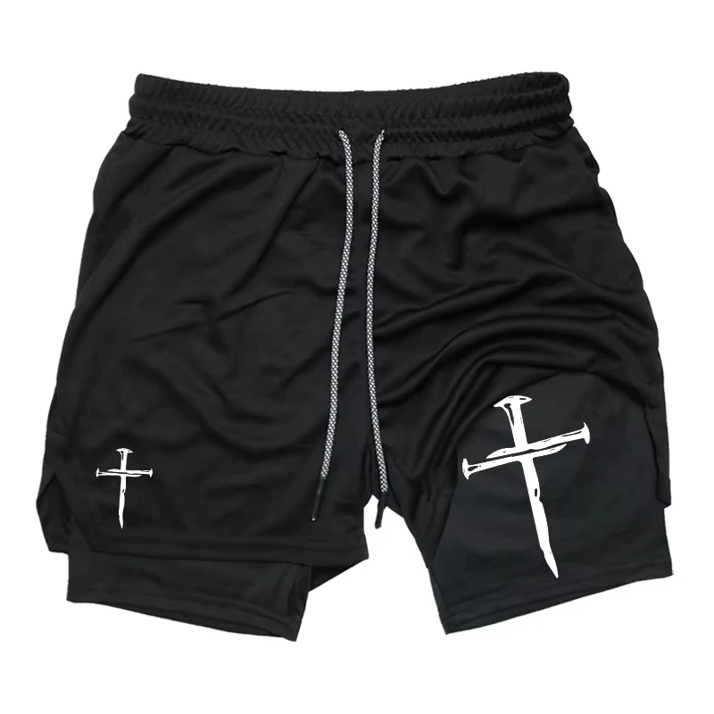 Men's Double Layered Compression Shorts with Phone Pocket Gym Workout Running Sports Shorts for Fitness