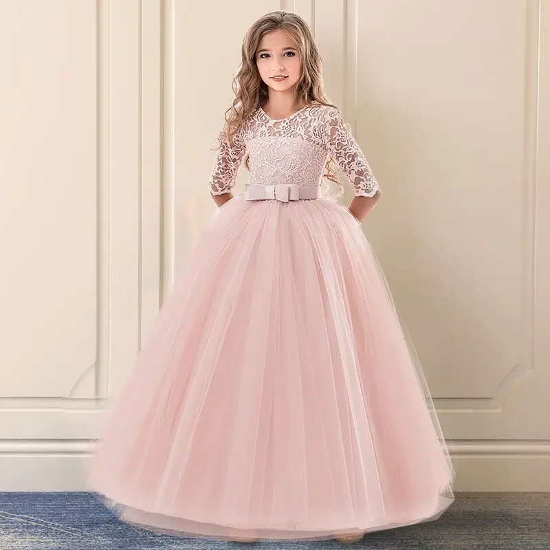 Teen Girl Formal Party Dress Bridesmaid Girl Flower Costume for Wedding Children White 1st Communion Princess Dress Gala Clothes