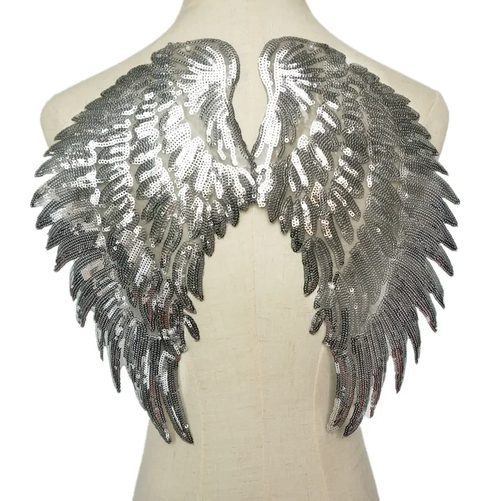 2PCS Gold Silver Rainbow Sequin Feather Angel Wings Sew Iron on Patches 33CM For Dress Jeans Shirt DIY Appliques Decoration