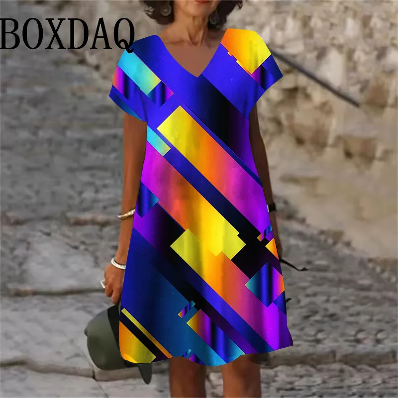 

Gradient Geometry Pattern Women' Loose Dress Plus Size Fashion 3D Print Short Sleeve Mini Dress Summer Casual V-Neck Short Dress