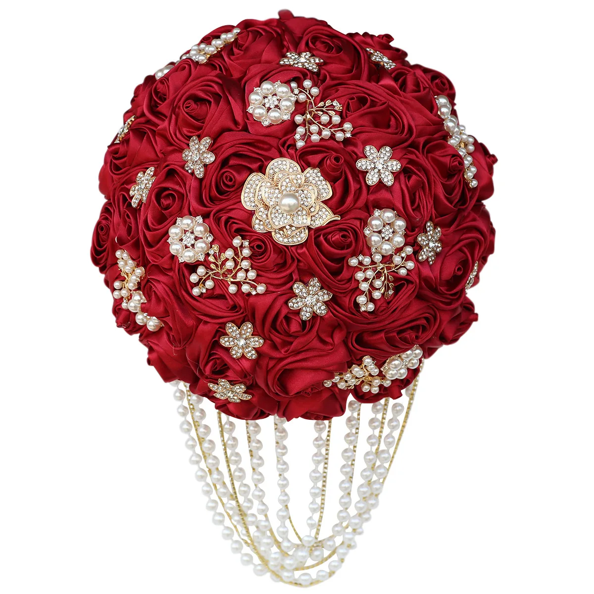 

New Trendy Wedding Bridal Bouquet Creative Flower-shaped Rhinestone Pearl Style Ribbon Rose Artificial Flowers For Home Decor