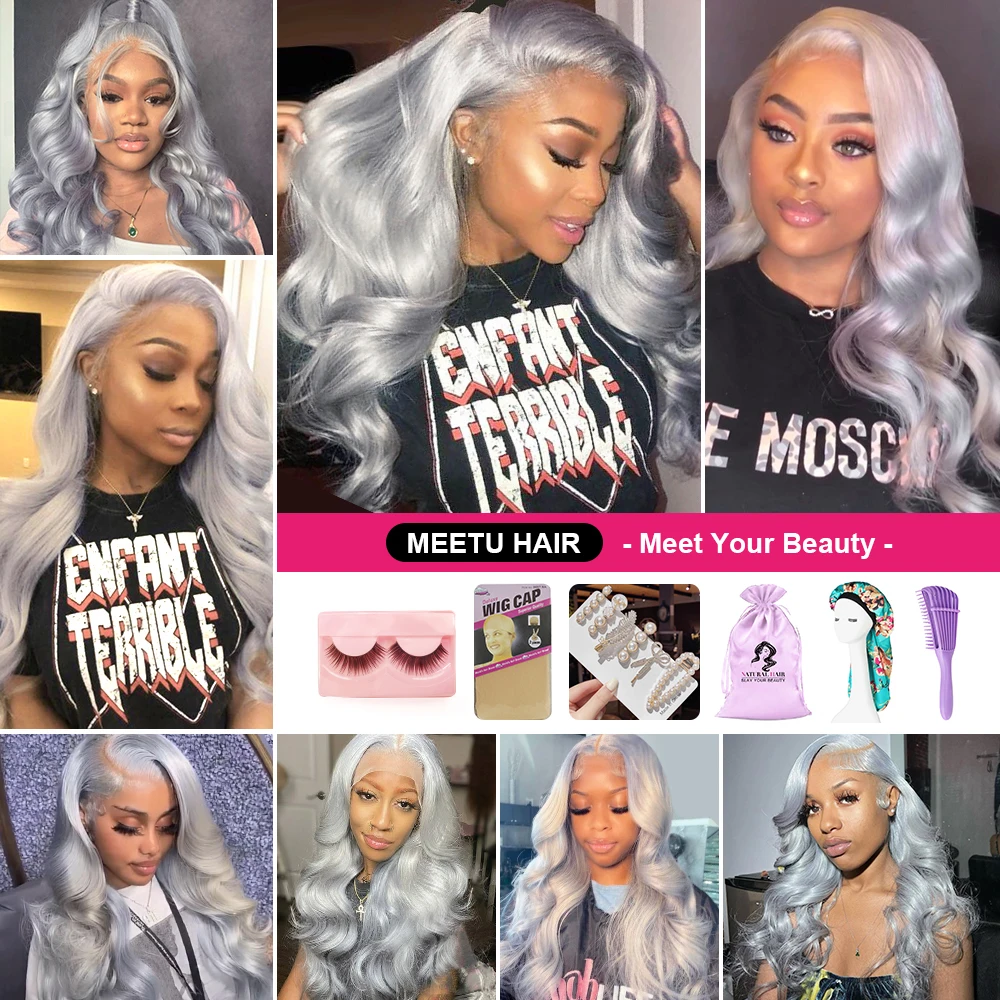 Meetu Silver Gray Body Wave Lace Front Wig 13x4 Lace Frontal Human Hair Wigs Transparent Brazilian Colored Human Hair For Women