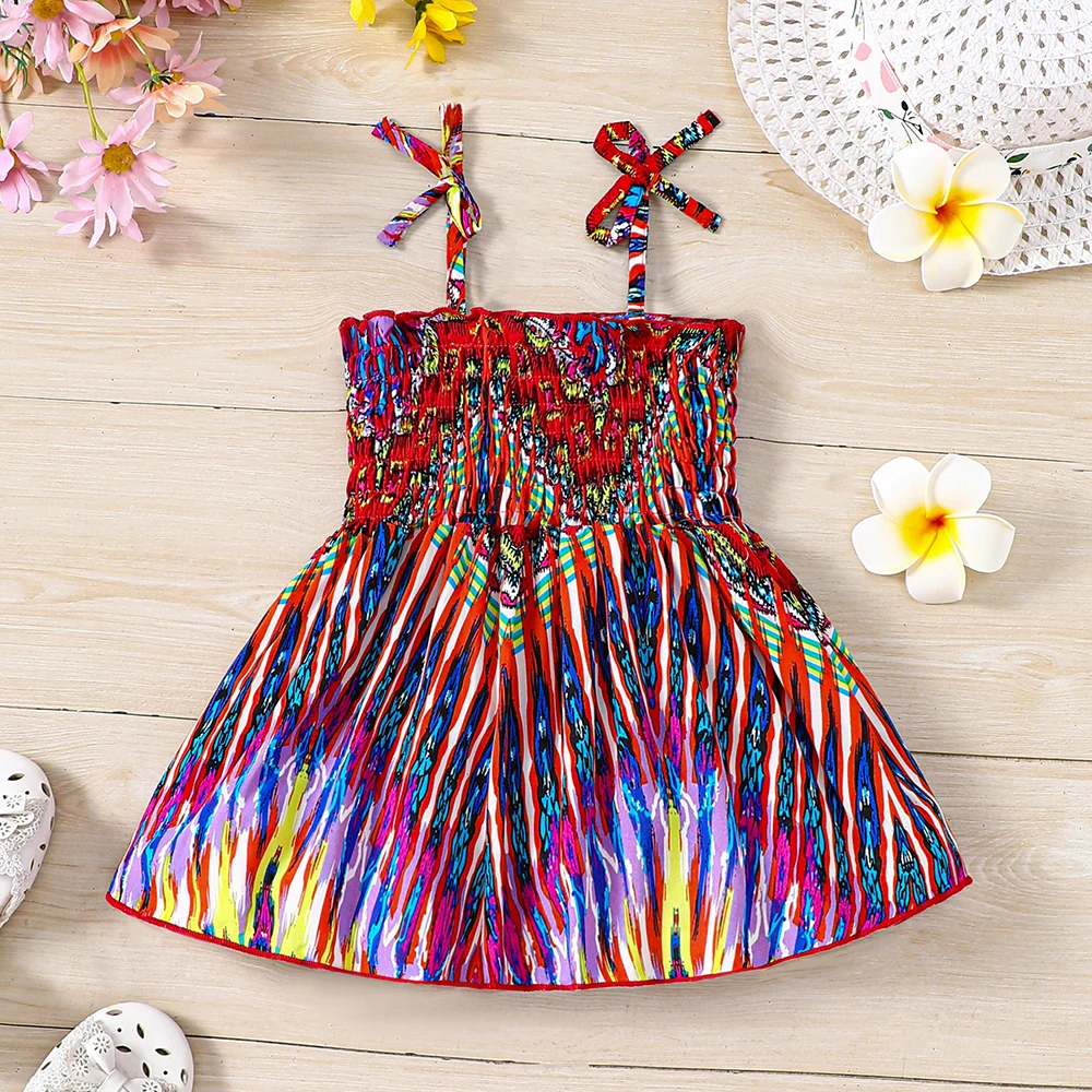 Baby Girls Strap Dress Tie Dye Shoulder Shirred Cami Dress Hawaiian Boho Smocked Pinafore Beach Sundress