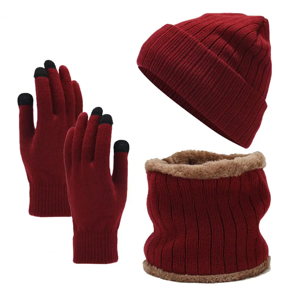 Elastic Winter Accessories Set Unisex Winter Beanie Hat Scarf Gloves Set with Warm Fleece Lining Knit for Men