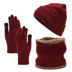 Elastisches Winter-Accessoires-Set, Unisex, Wintermütze, Mütze, Schal, Handschuhe, Set mit warmem Fleece-Futter, Strick für Herren